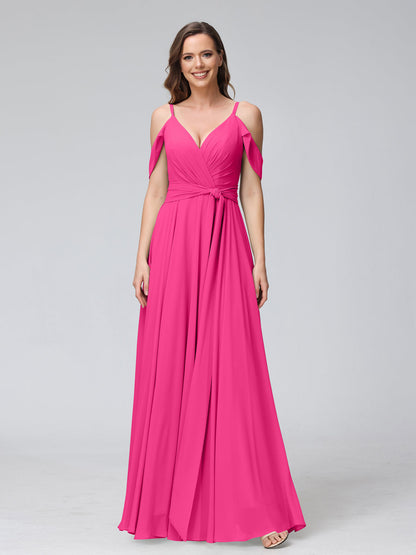 Vestidos de Dama de Honra Em Chiffon com Mangas Curtas e Decote Em V com Alças Finas e Laterais Divididas