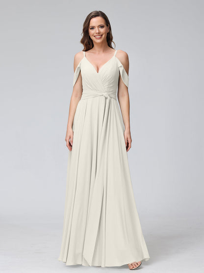 Vestidos de Dama de Honra Em Chiffon com Mangas Curtas e Decote Em V com Alças Finas e Laterais Divididas
