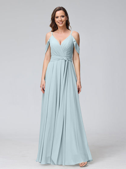 Vestidos de Dama de Honra Em Chiffon com Mangas Curtas e Decote Em V com Alças Finas e Laterais Divididas