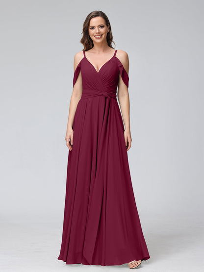 Vestidos de Dama de Honra Em Chiffon com Mangas Curtas e Decote Em V com Alças Finas e Laterais Divididas