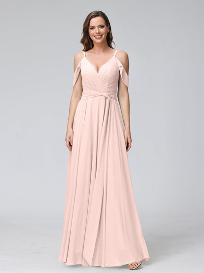 Vestidos de Dama de Honra Em Chiffon com Mangas Curtas e Decote Em V com Alças Finas e Laterais Divididas