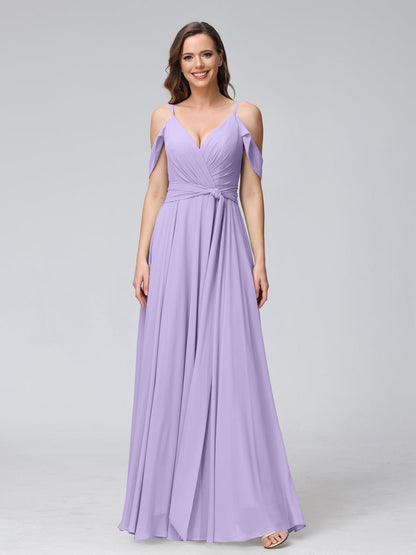 Vestidos de Dama de Honra Em Chiffon com Mangas Curtas e Decote Em V com Alças Finas e Laterais Divididas