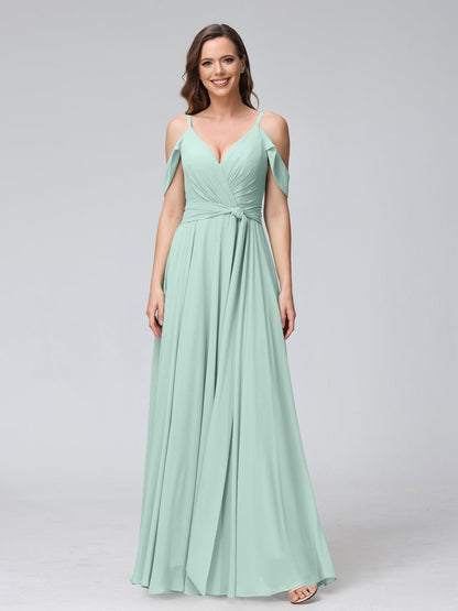 Vestidos de Dama de Honra Em Chiffon com Mangas Curtas e Decote Em V com Alças Finas e Laterais Divididas
