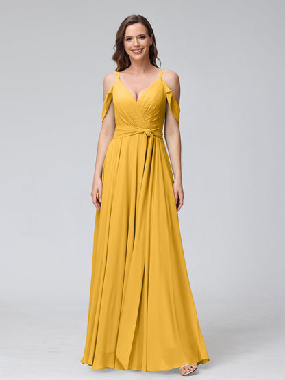 Vestidos de Dama de Honra Em Chiffon com Mangas Curtas e Decote Em V com Alças Finas e Laterais Divididas