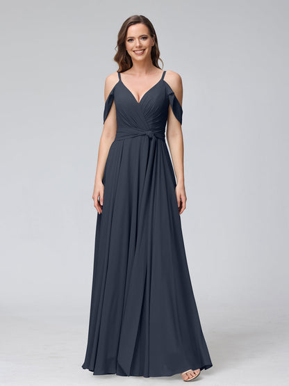 Vestidos de Dama de Honra Em Chiffon com Mangas Curtas e Decote Em V com Alças Finas e Laterais Divididas