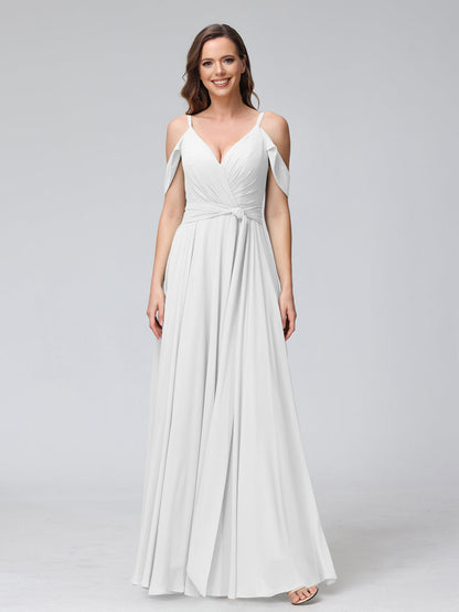 Vestidos de Dama de Honra Em Chiffon com Mangas Curtas e Decote Em V com Alças Finas e Laterais Divididas