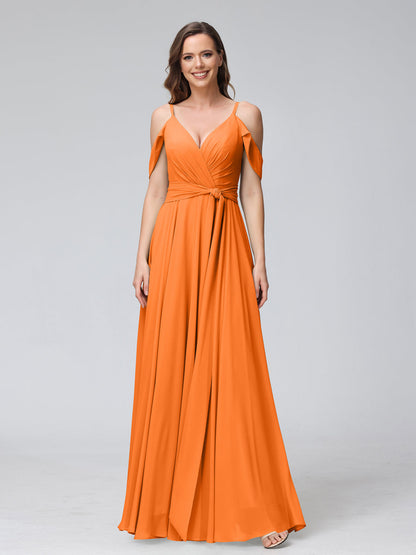 Vestidos de Dama de Honra Em Chiffon com Mangas Curtas e Decote Em V com Alças Finas e Laterais Divididas