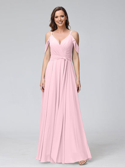 Vestidos de Dama de Honra Em Chiffon com Mangas Curtas e Decote Em V com Alças Finas e Laterais Divididas