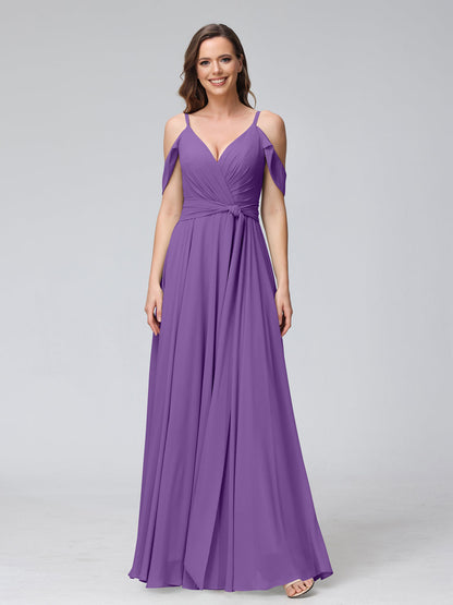 Vestidos de Dama de Honra Em Chiffon com Mangas Curtas e Decote Em V com Alças Finas e Laterais Divididas