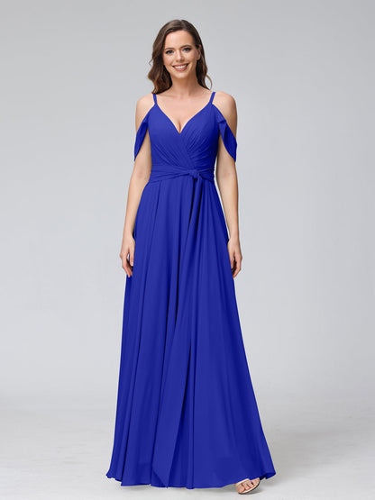 Vestidos de Dama de Honra Em Chiffon com Mangas Curtas e Decote Em V com Alças Finas e Laterais Divididas