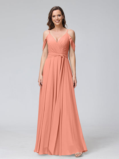 Vestidos de Dama de Honra Em Chiffon com Mangas Curtas e Decote Em V com Alças Finas e Laterais Divididas