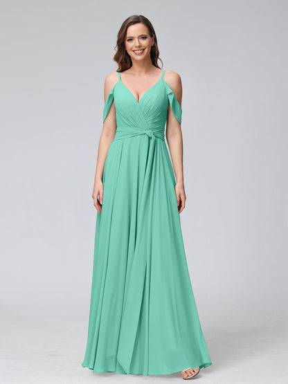 Vestidos de Dama de Honra Em Chiffon com Mangas Curtas e Decote Em V com Alças Finas e Laterais Divididas