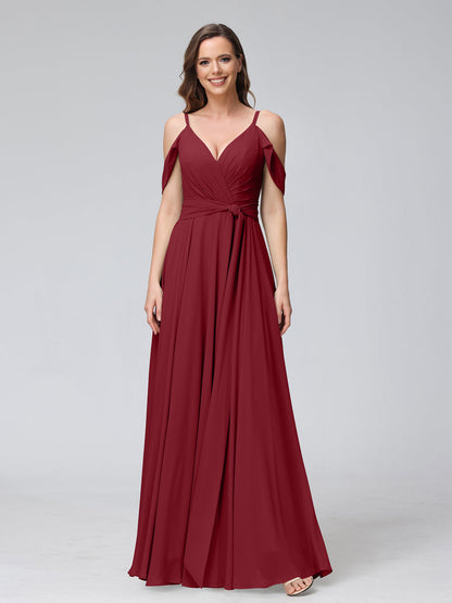 Vestidos de Dama de Honra Em Chiffon com Mangas Curtas e Decote Em V com Alças Finas e Laterais Divididas