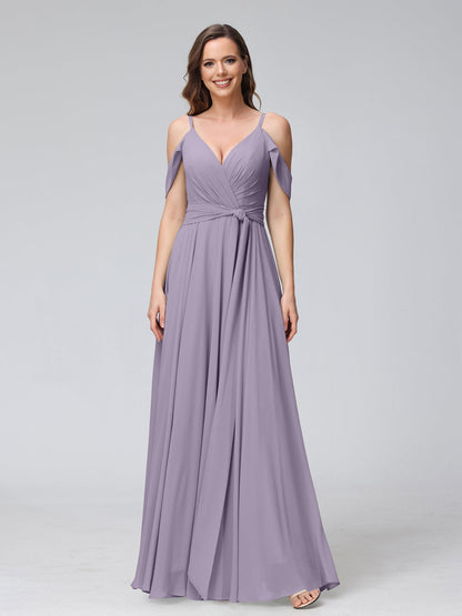 Vestidos de Dama de Honra Em Chiffon com Mangas Curtas e Decote Em V com Alças Finas e Laterais Divididas