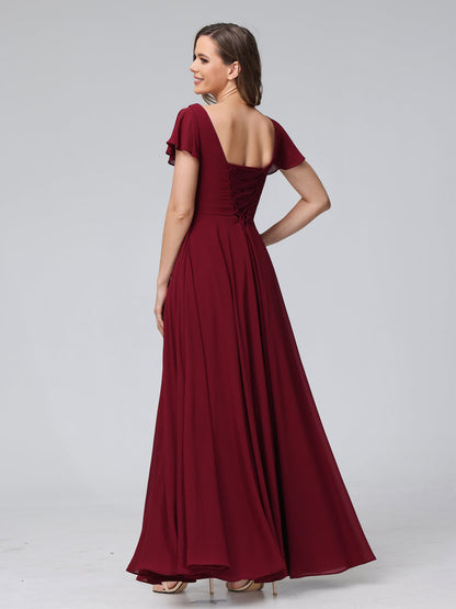 Vestidos Longos de Chiffon com Decote Em V e Mangas Curtas com Babados e Laterais Divididas e Bolsos