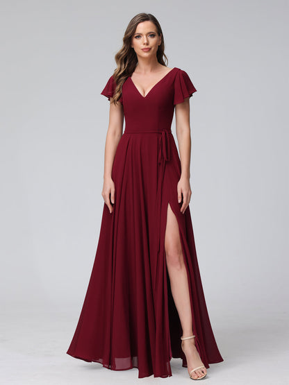 Vestidos Longos de Chiffon com Decote Em V e Mangas Curtas com Babados e Laterais Divididas e Bolsos