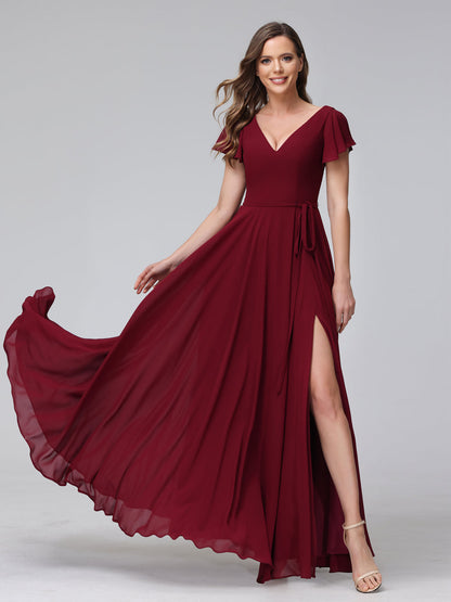 Vestidos Longos de Chiffon com Decote Em V e Mangas Curtas com Babados e Laterais Divididas e Bolsos