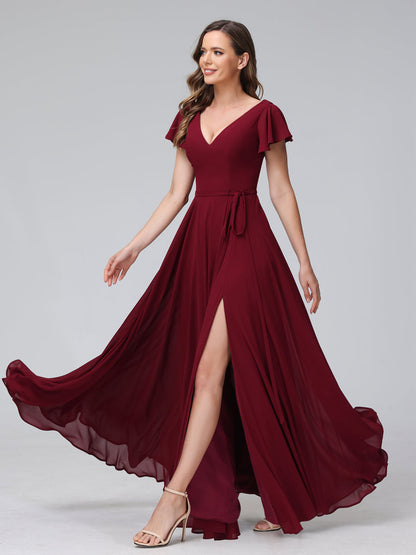 Vestidos Longos de Chiffon com Decote Em V e Mangas Curtas com Babados e Laterais Divididas e Bolsos
