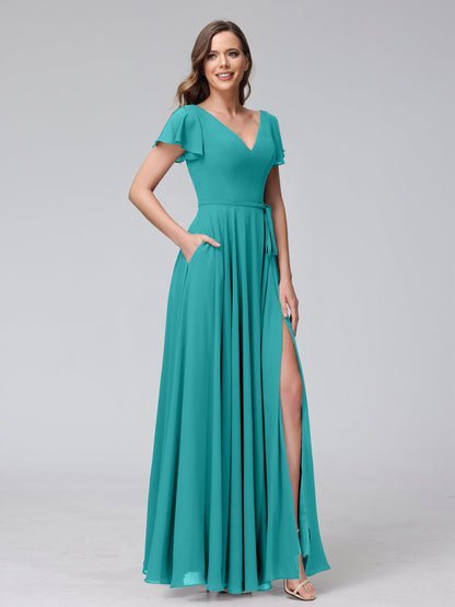 Vestidos Longos de Chiffon com Decote Em V e Mangas Curtas com Babados e Laterais Divididas e Bolsos