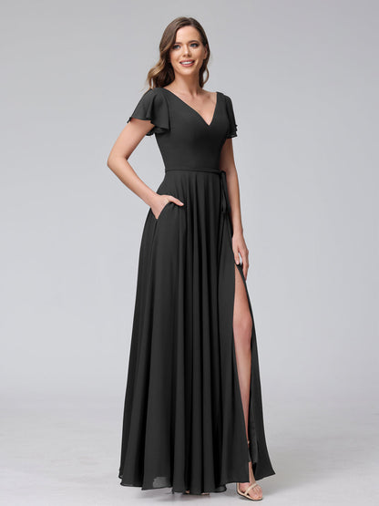 Vestidos Longos de Chiffon com Decote Em V e Mangas Curtas com Babados e Laterais Divididas e Bolsos