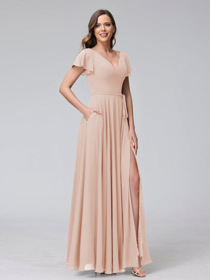 Vestidos Longos de Chiffon com Decote Em V e Mangas Curtas com Babados e Laterais Divididas e Bolsos
