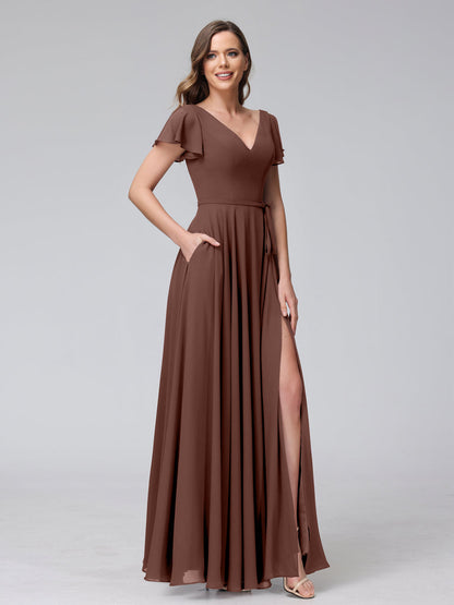 Vestidos Longos de Chiffon com Decote Em V e Mangas Curtas com Babados e Laterais Divididas e Bolsos