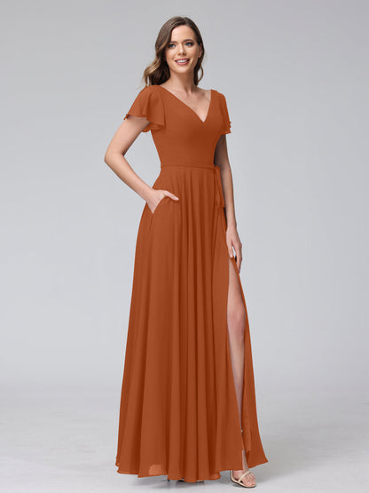 Vestidos Longos de Chiffon com Decote Em V e Mangas Curtas com Babados e Laterais Divididas e Bolsos