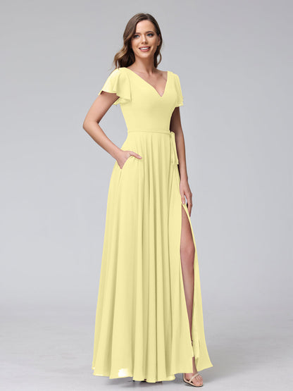 Vestidos Longos de Chiffon com Decote Em V e Mangas Curtas com Babados e Laterais Divididas e Bolsos