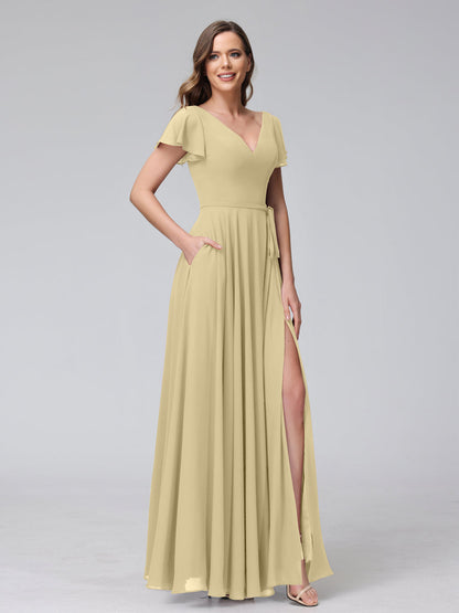 Vestidos Longos de Chiffon com Decote Em V e Mangas Curtas com Babados e Laterais Divididas e Bolsos