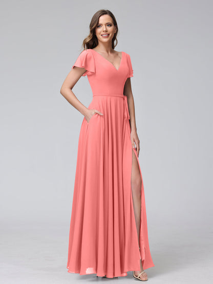 Vestidos Longos de Chiffon com Decote Em V e Mangas Curtas com Babados e Laterais Divididas e Bolsos