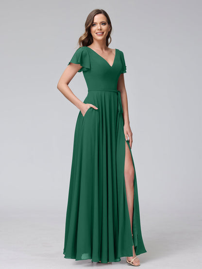 Vestidos Longos de Chiffon com Decote Em V e Mangas Curtas com Babados e Laterais Divididas e Bolsos
