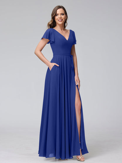 Vestidos Longos de Chiffon com Decote Em V e Mangas Curtas com Babados e Laterais Divididas e Bolsos