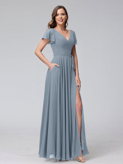 Vestidos Longos de Chiffon com Decote Em V e Mangas Curtas com Babados e Laterais Divididas e Bolsos