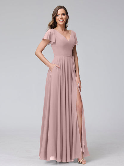 Vestidos Longos de Chiffon com Decote Em V e Mangas Curtas com Babados e Laterais Divididas e Bolsos