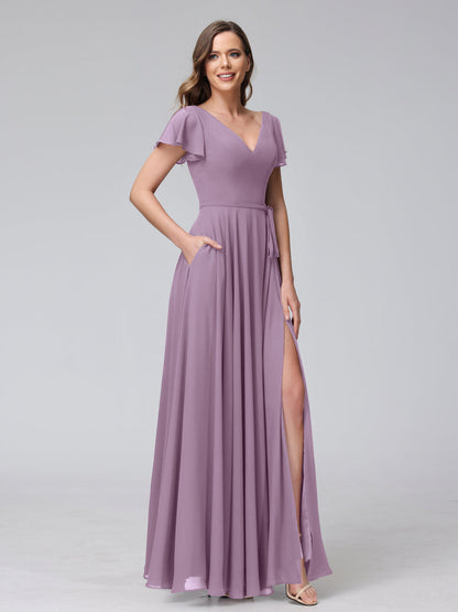 Vestidos Longos de Chiffon com Decote Em V e Mangas Curtas com Babados e Laterais Divididas e Bolsos