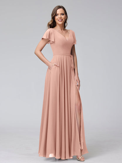 Vestidos Longos de Chiffon com Decote Em V e Mangas Curtas com Babados e Laterais Divididas e Bolsos