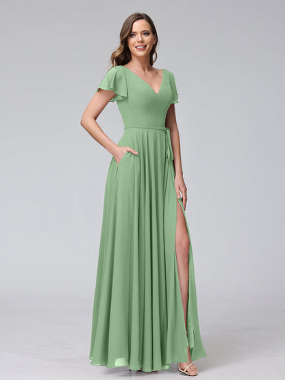 Vestidos Longos de Chiffon com Decote Em V e Mangas Curtas com Babados e Laterais Divididas e Bolsos