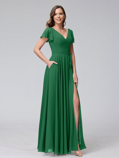 Vestidos Longos de Chiffon com Decote Em V e Mangas Curtas com Babados e Laterais Divididas e Bolsos