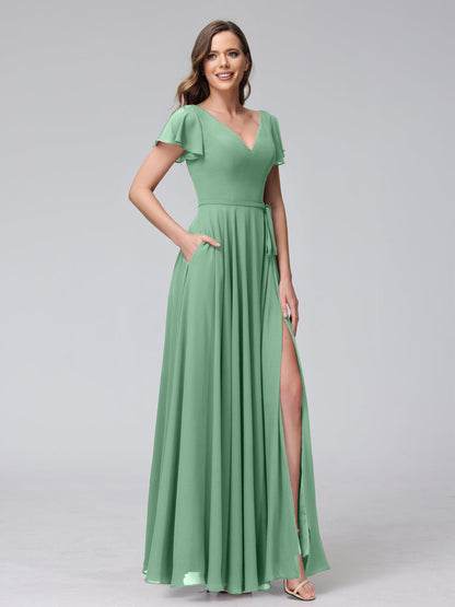 Vestidos Longos de Chiffon com Decote Em V e Mangas Curtas com Babados e Laterais Divididas e Bolsos