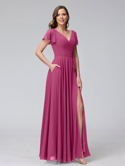 Vestidos Longos de Chiffon com Decote Em V e Mangas Curtas com Babados e Laterais Divididas e Bolsos