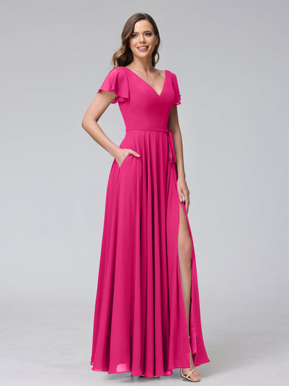 Vestidos Longos de Chiffon com Decote Em V e Mangas Curtas com Babados e Laterais Divididas e Bolsos