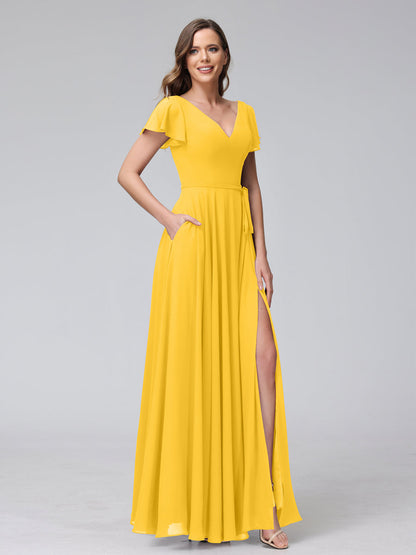 Vestidos Longos de Chiffon com Decote Em V e Mangas Curtas com Babados e Laterais Divididas e Bolsos