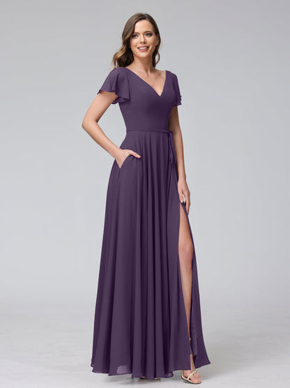 Vestidos Longos de Chiffon com Decote Em V e Mangas Curtas com Babados e Laterais Divididas e Bolsos