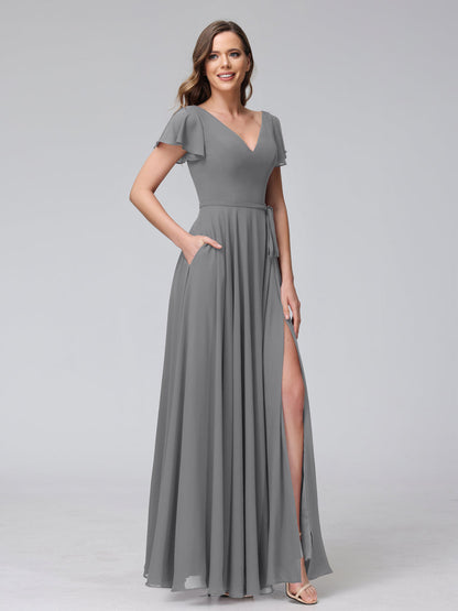 Vestidos Longos de Chiffon com Decote Em V e Mangas Curtas com Babados e Laterais Divididas e Bolsos