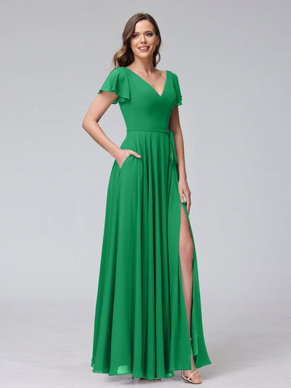 Vestidos Longos de Chiffon com Decote Em V e Mangas Curtas com Babados e Laterais Divididas e Bolsos