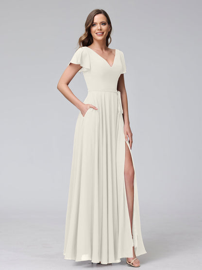 Vestidos Longos de Chiffon com Decote Em V e Mangas Curtas com Babados e Laterais Divididas e Bolsos