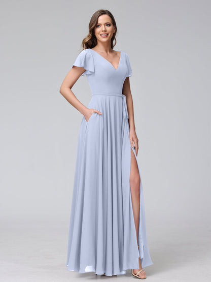 Vestidos Longos de Chiffon com Decote Em V e Mangas Curtas com Babados e Laterais Divididas e Bolsos