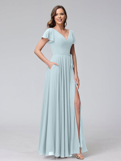 Vestidos Longos de Chiffon com Decote Em V e Mangas Curtas com Babados e Laterais Divididas e Bolsos