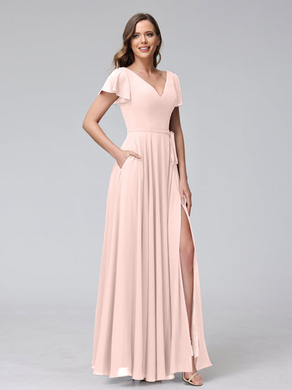 Vestidos Longos de Chiffon com Decote Em V e Mangas Curtas com Babados e Laterais Divididas e Bolsos
