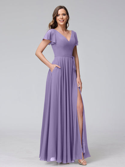 Vestidos Longos de Chiffon com Decote Em V e Mangas Curtas com Babados e Laterais Divididas e Bolsos